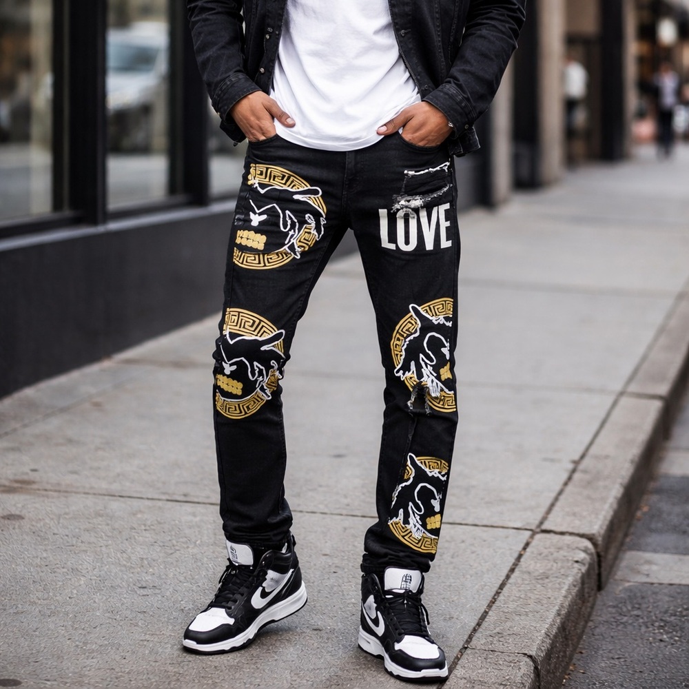 L.O.V.E men’s Black Graphic Denim Jeans Gold Print Distressed Slim‎ Fit Size 32